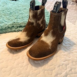 Brown and White Cowhide Ankle Boots